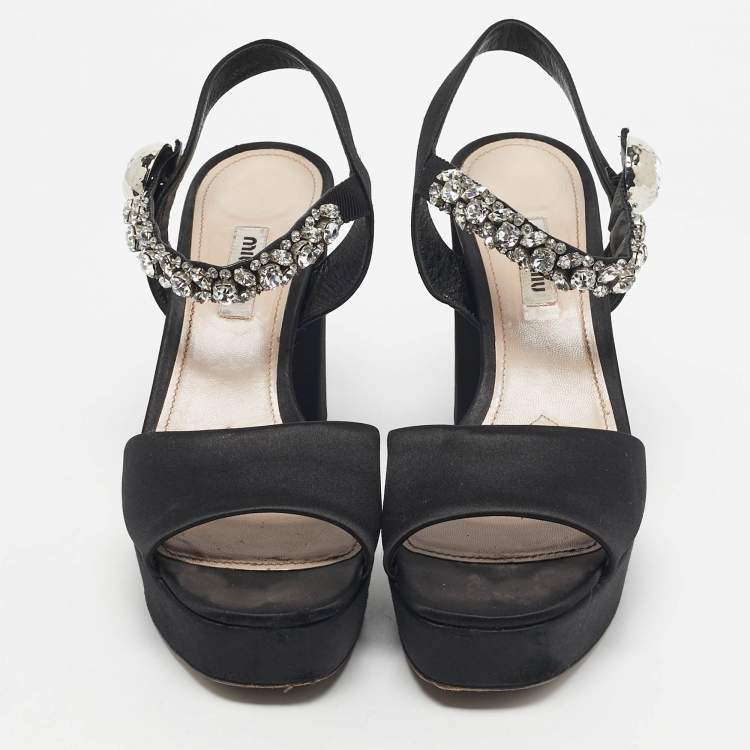 Pre Owned Miu Miu Black Satin Crystal Embellished Platform Ankle-Strap Sandals Size 39