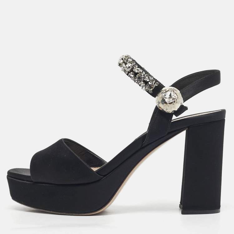 Pre Owned Miu Miu Black Satin Crystal Embellished Platform Ankle-Strap Sandals Size 39