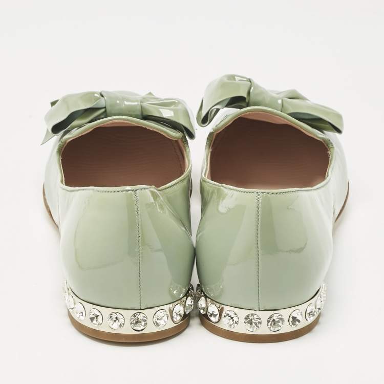 Pre Owned Miu Miu Blue Patent Leather Bow Crystal Embellished Smoking Slippers Size 39.5