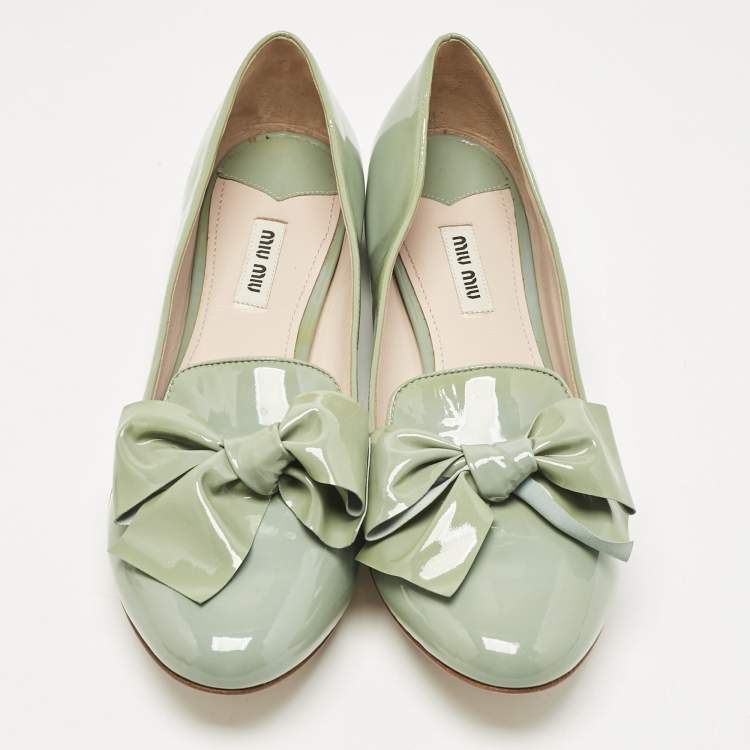 Pre Owned Miu Miu Blue Patent Leather Bow Crystal Embellished Smoking Slippers Size 39.5