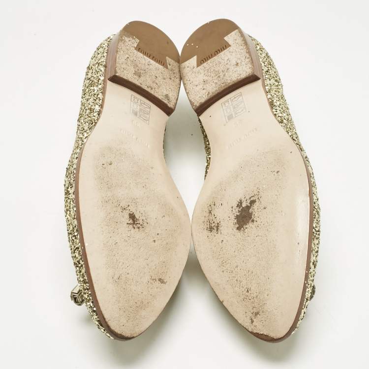 Pre Owned Miu Miu Gold Glitter And Leather Tassel Smoking Slippers Size 39