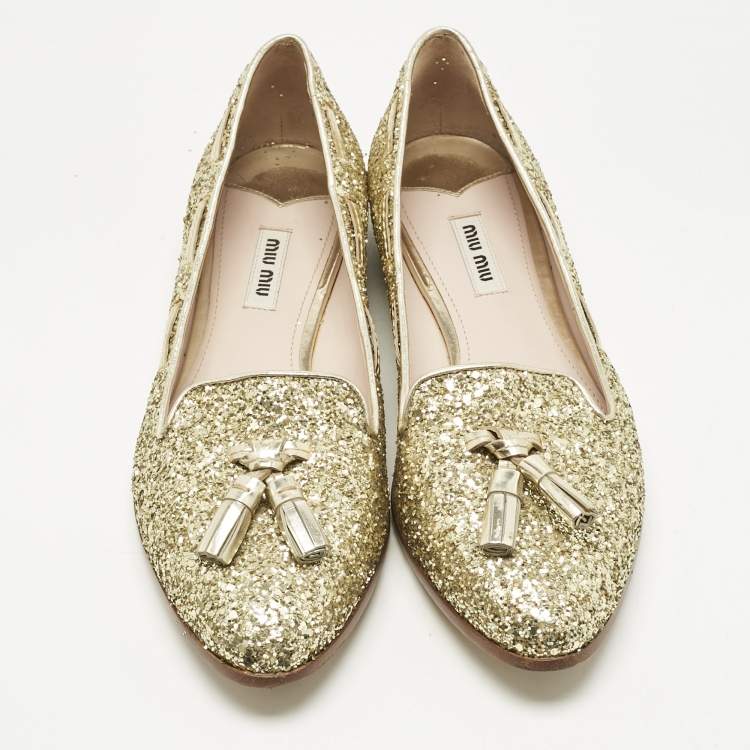 Pre Owned Miu Miu Gold Glitter And Leather Tassel Smoking Slippers Size 39