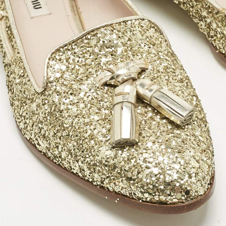 Pre Owned Miu Miu Gold Glitter And Leather Tassel Smoking Slippers Size 39