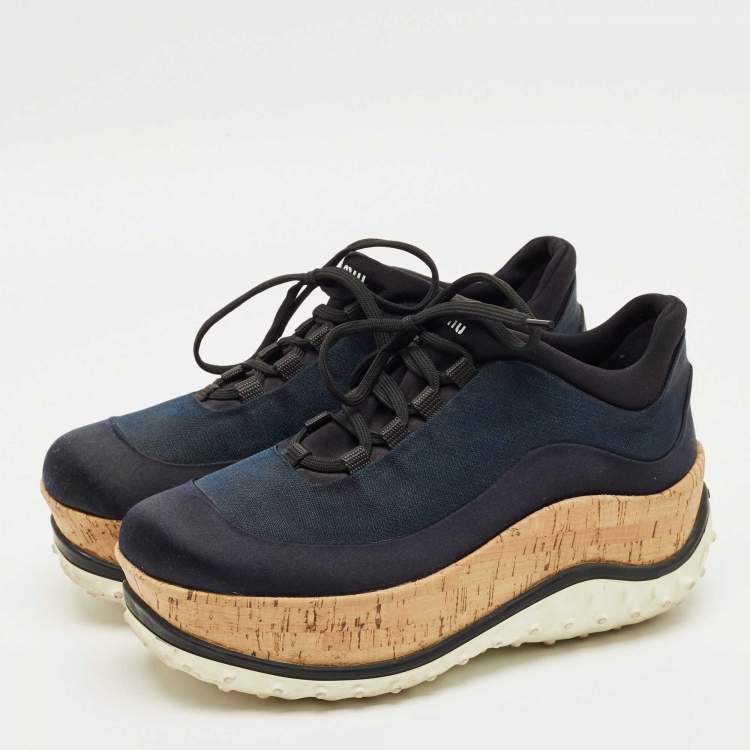 Pre Owned Miu Miu Black Knit Fabric and Satin Cork Platform Lace Up Sneakers Size 38
