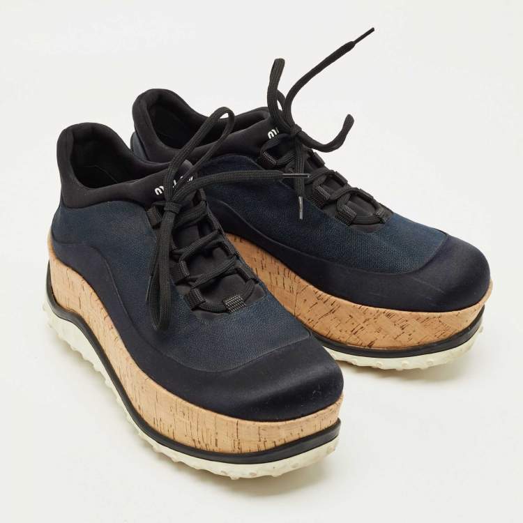 Pre Owned Miu Miu Black Knit Fabric and Satin Cork Platform Lace Up Sneakers Size 38
