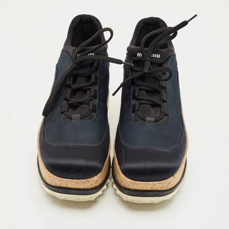 Pre Owned Miu Miu Black Knit Fabric and Satin Cork Platform Lace Up Sneakers Size 38