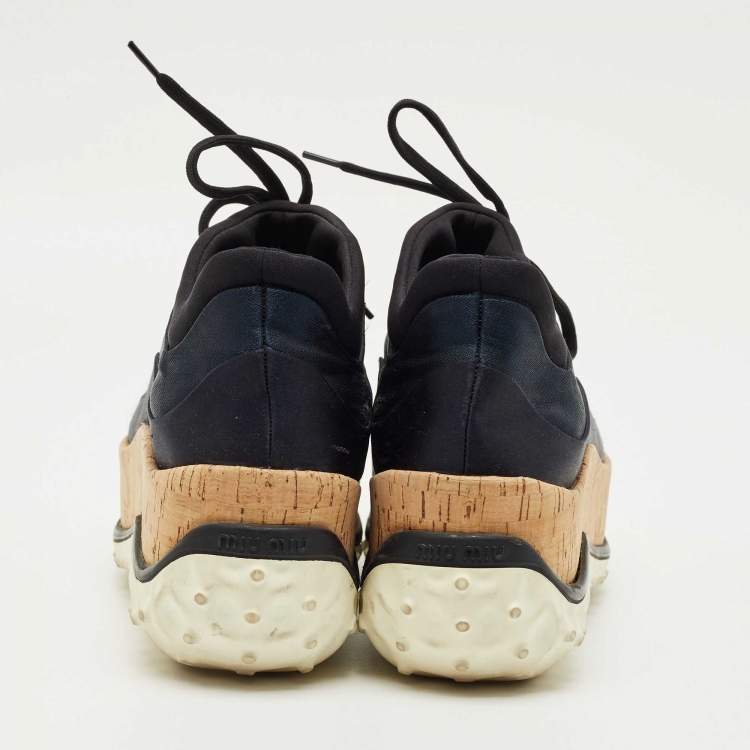 Pre Owned Miu Miu Black Knit Fabric and Satin Cork Platform Lace Up Sneakers Size 38