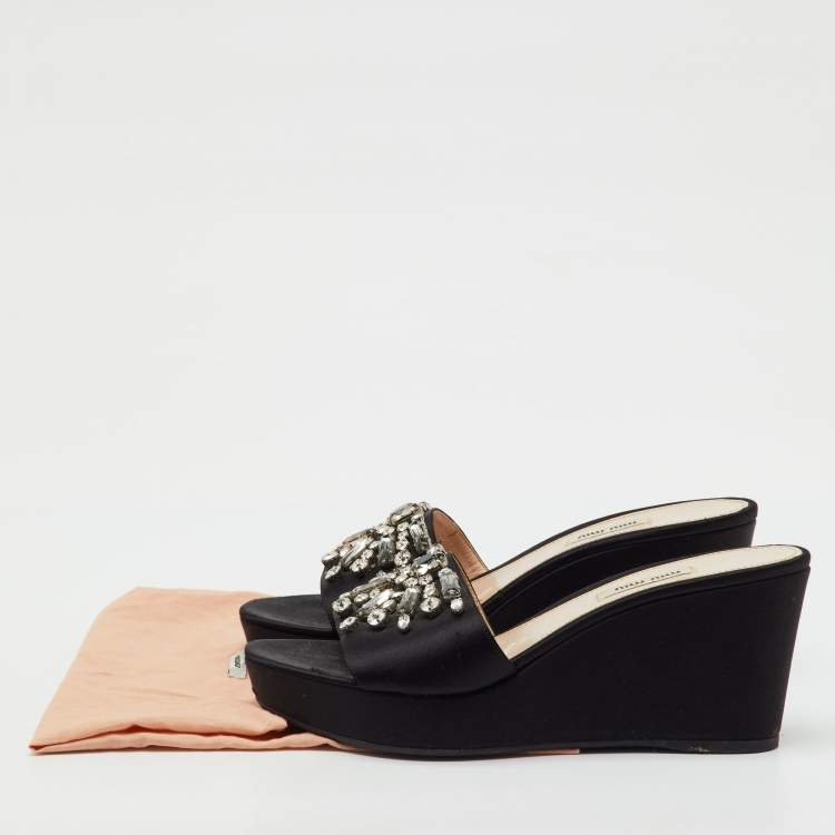 Pre Owned Miu Miu Black Satin Crystal Embellished Wedge Platform Open Toe Sandals Size 39