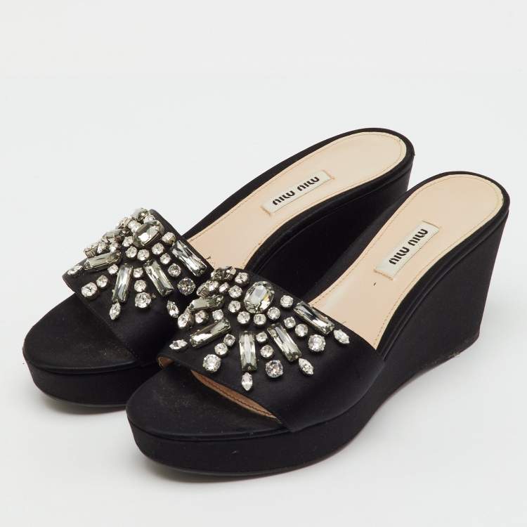Pre Owned Miu Miu Black Satin Crystal Embellished Wedge Platform Open Toe Sandals Size 39