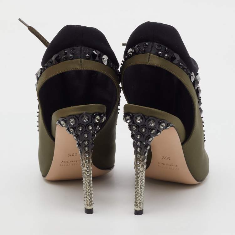 Pre Owned Miu Miu Green/Black Satin and Neoprene Crystal Embellished Lace Up Slingback Sandals Size 38.5