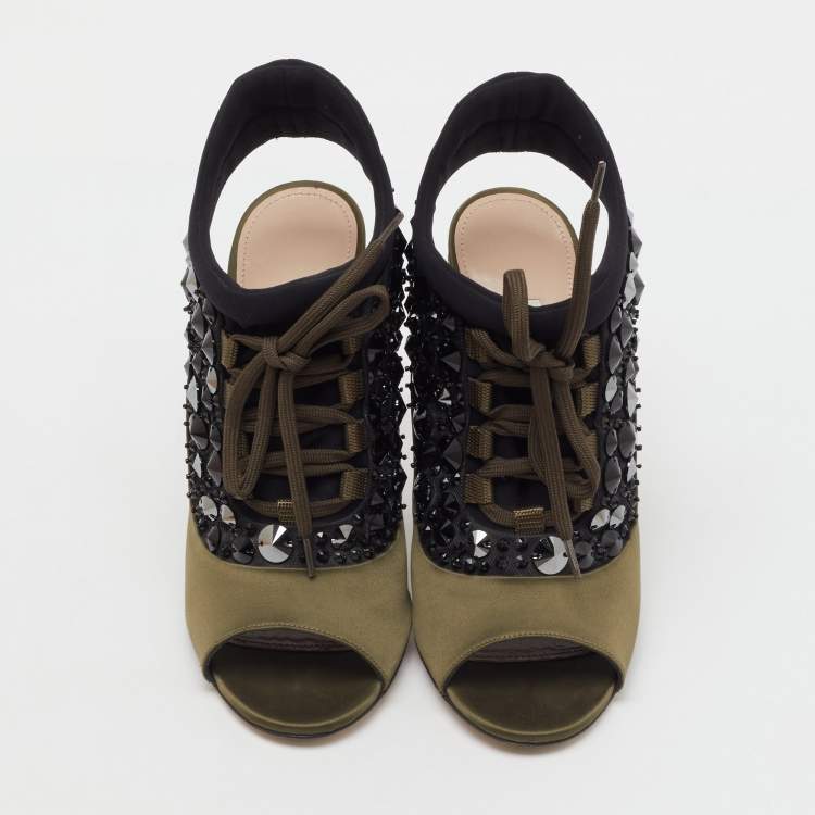 Pre Owned Miu Miu Green/Black Satin and Neoprene Crystal Embellished Lace Up Slingback Sandals Size 38.5
