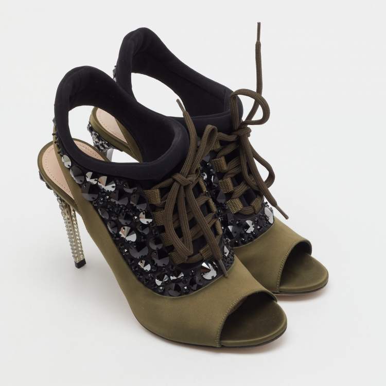 Pre Owned Miu Miu Green/Black Satin and Neoprene Crystal Embellished Lace Up Slingback Sandals Size 38.5