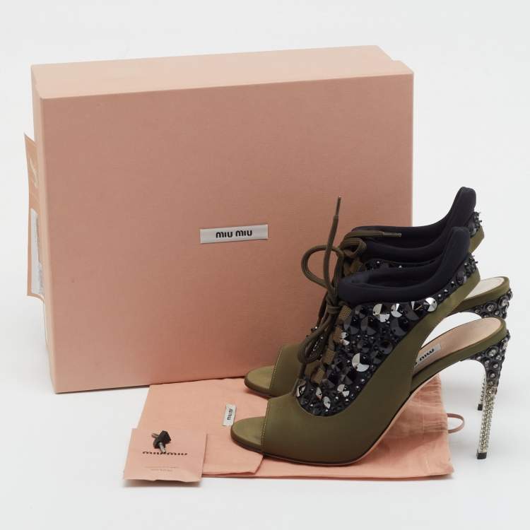 Pre Owned Miu Miu Green/Black Satin and Neoprene Crystal Embellished Lace Up Slingback Sandals Size 38.5
