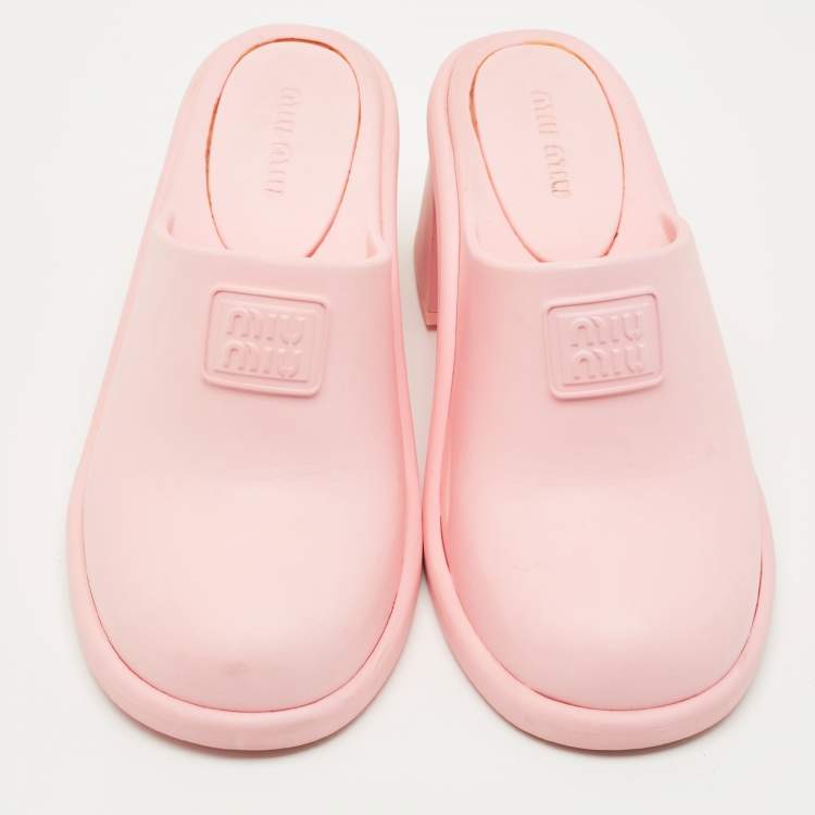 Pre Owned Miu Miu Pink Rubber Logo Clogs Size 37