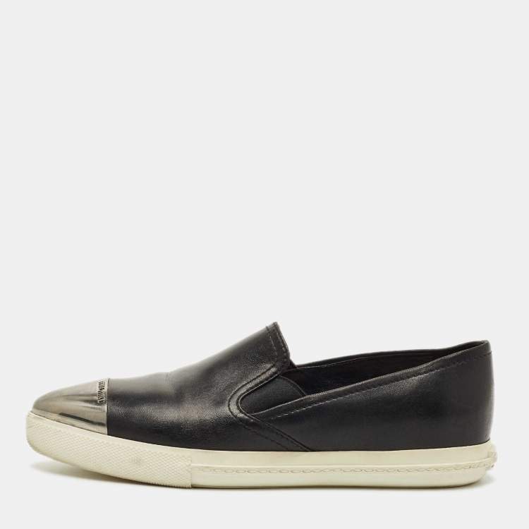 Pre Owned Miu Miu Black Leather Metal Cap Toe Slip On Sneakers Size 36.5