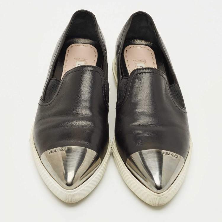 Pre Owned Miu Miu Black Leather Metal Cap Toe Slip On Sneakers Size 36.5
