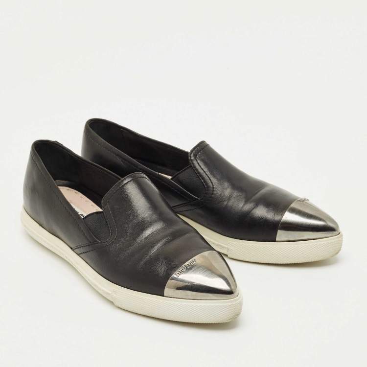 Pre Owned Miu Miu Black Leather Metal Cap Toe Slip On Sneakers Size 36.5