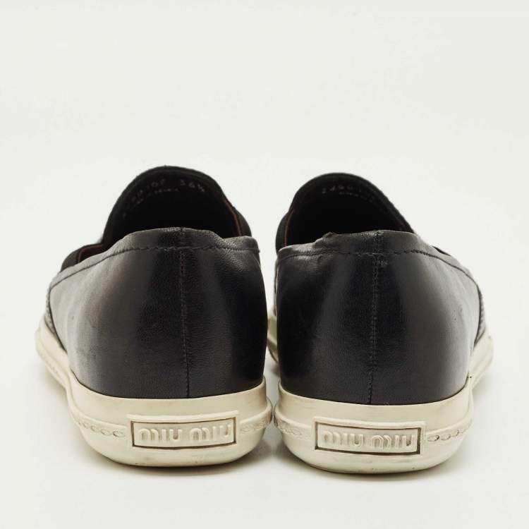 Pre Owned Miu Miu Black Leather Metal Cap Toe Slip On Sneakers Size 36.5