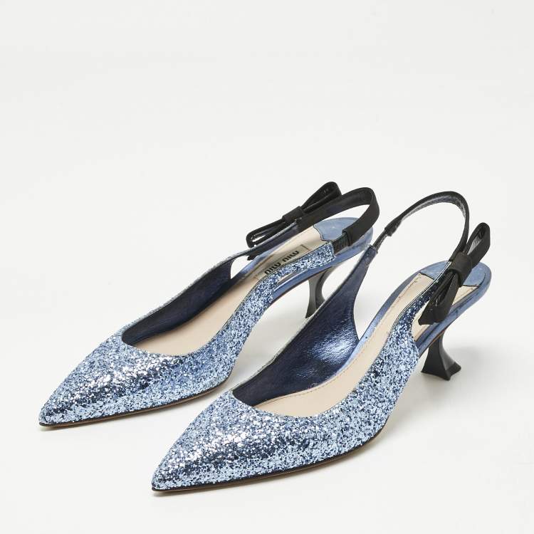 Pre Owned Miu Miu Blue Coarse Glitter Bow Slingback Pumps Size 40.5