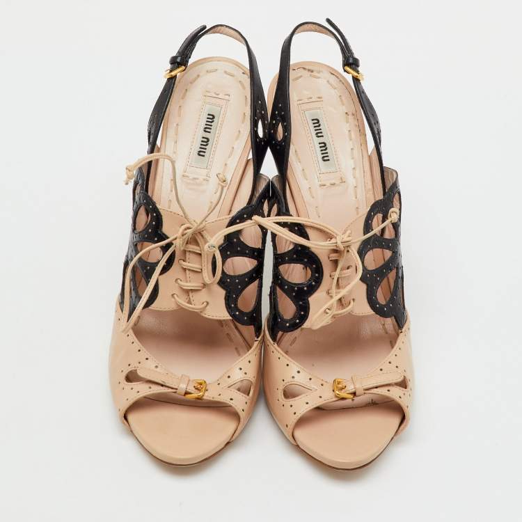 Pre Owned Miu Miu Beige/Black Leather Cutout Slingback Sandals Size 41