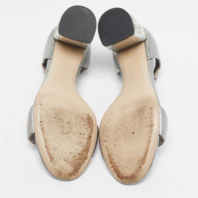 Pre Owned Miu Miu Silver Leather Crystal Embellished Block Heel Ankle Strap Platform Sandals Size 37