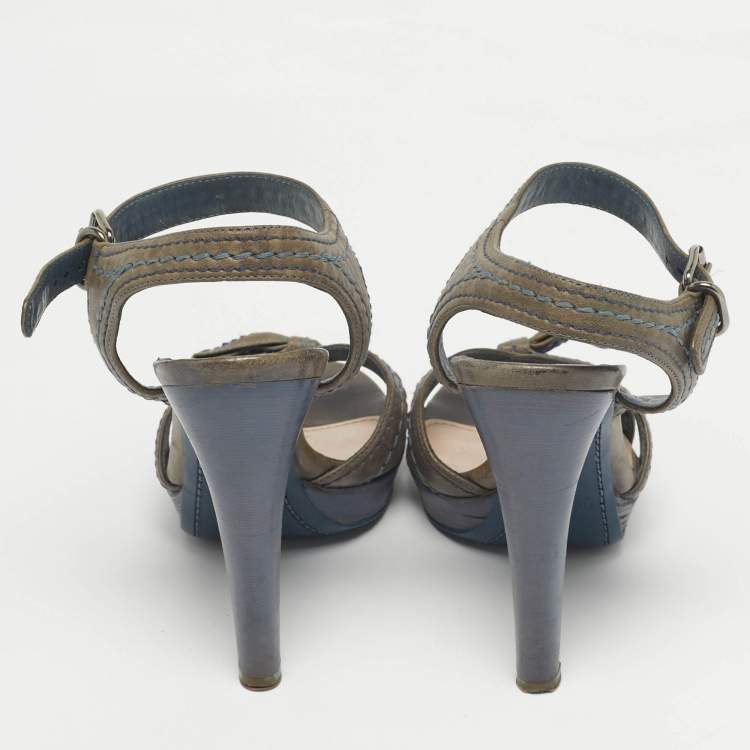 Pre Owned Miu Miu Grey Leather Bow Ankle Strap Sandals Size 38