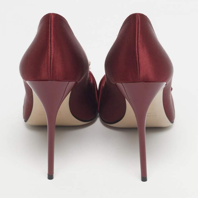 Pre Owned Miu Miu Burgundy Satin Crystal Embellished Pointed Toe Pumps Size 39