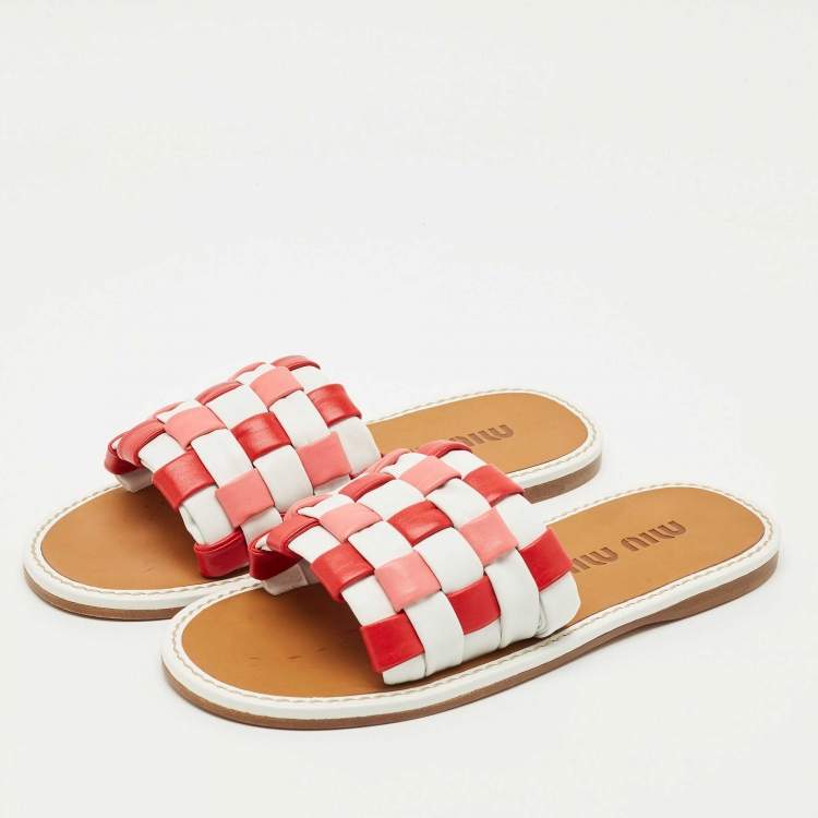 Pre Owned Miu Miu Multicolor Woven Leather Flat Slides Size 39