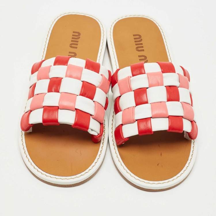 Pre Owned Miu Miu Multicolor Woven Leather Flat Slides Size 39
