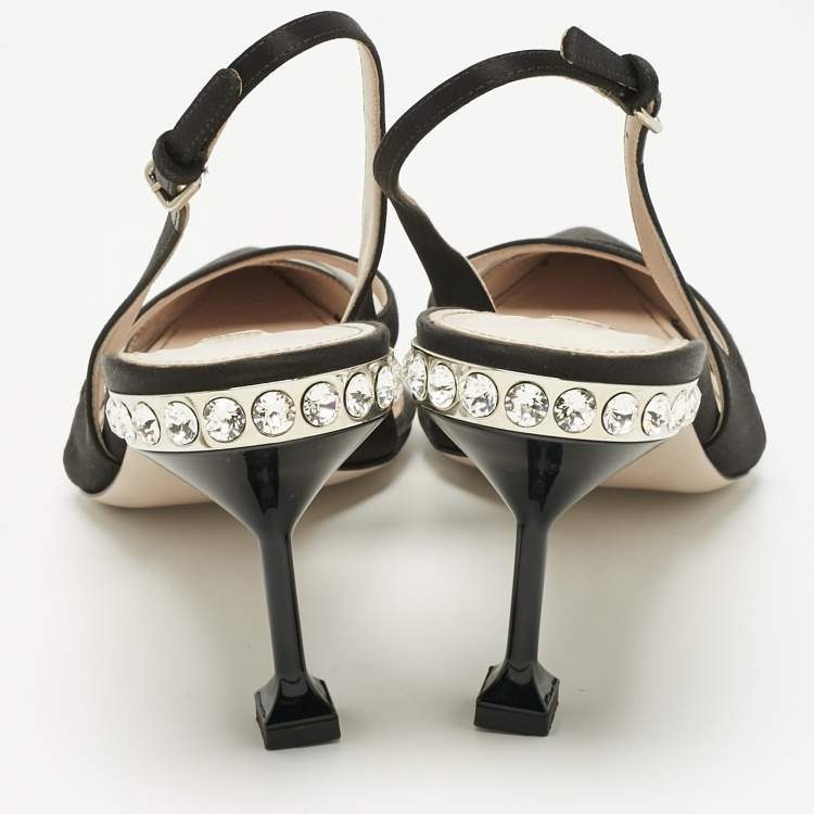 Pre Owned Miu Miu Black Satin And PVC Crystal Embellished Slingback Pumps Size 39