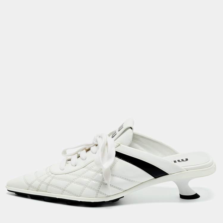 Pre Owned Miu Miu White Patent Leather Sneaker Mules Size 37.5