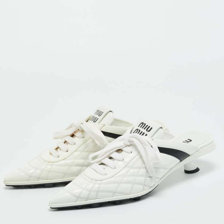 Pre Owned Miu Miu White Patent Leather Sneaker Mules Size 37.5