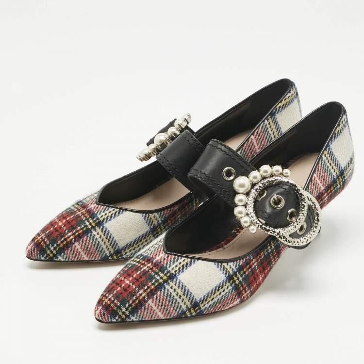 Pre Owned Miu Miu Multicolor Fabric and Leather Embellished Mary Jane Pumps Size 39