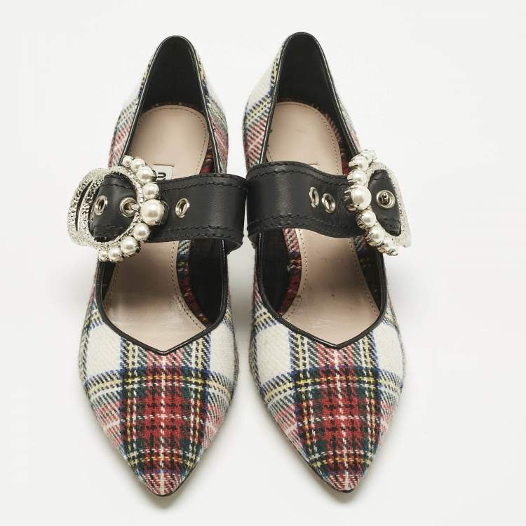 Pre Owned Miu Miu Multicolor Fabric and Leather Embellished Mary Jane Pumps Size 39
