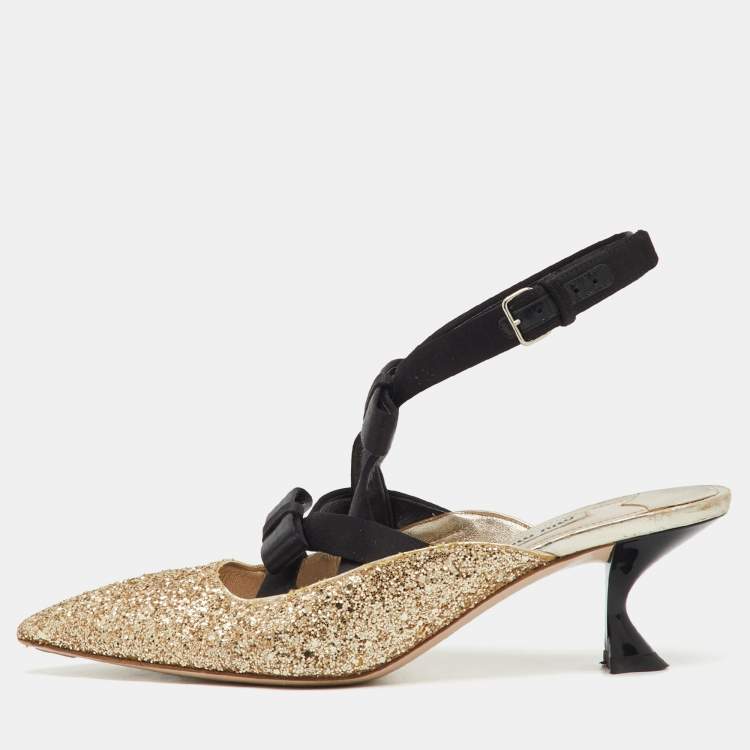 Pre Owned Miu Miu Metallic Gold/Black Glitter and Satin Bow Pointed Toe Slingback Pumps Size 38