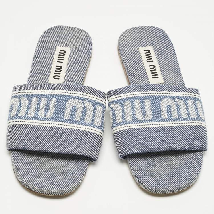 Pre Owned Miu Miu Blue Denim Logo Flat Slide Sandals Size 38