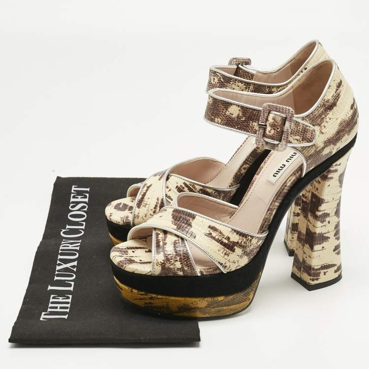 Pre Owned Miu Miu Multicolor Lizard Embossed Leather Crisscrss  Ankle Strap Sandals Size 38
