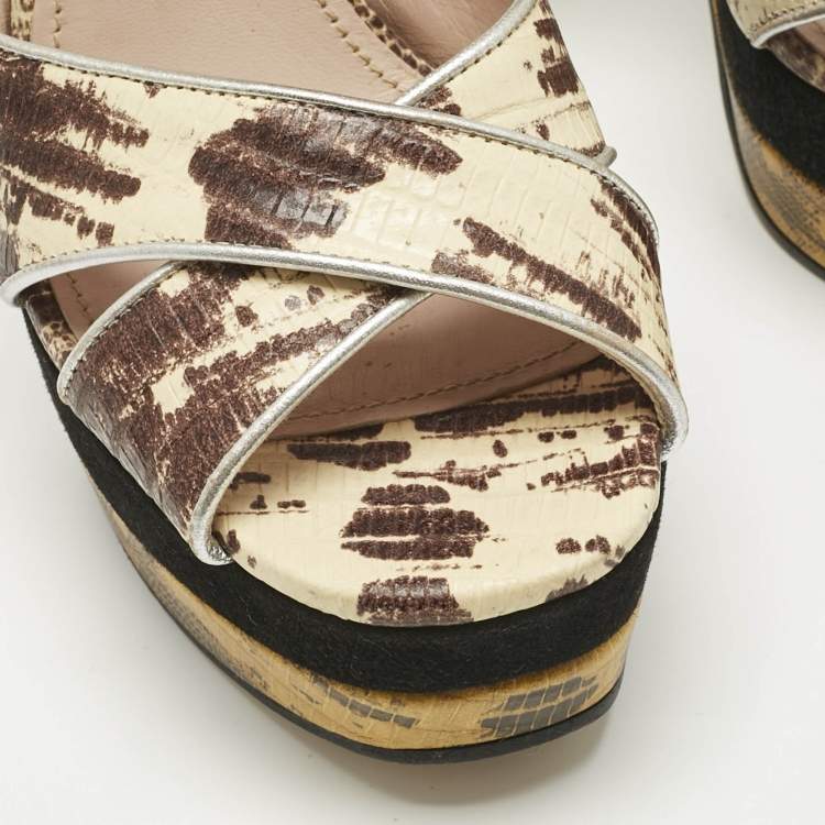 Pre Owned Miu Miu Multicolor Lizard Embossed Leather Crisscrss  Ankle Strap Sandals Size 38