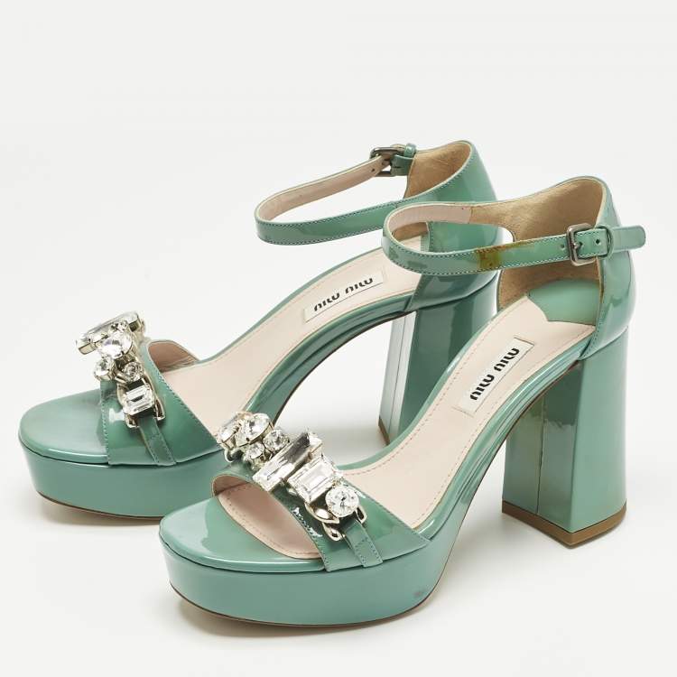 Pre Owned Miu Miu Light Green Patent Leather Crystals Embellished Platform Sandals Size 36.5