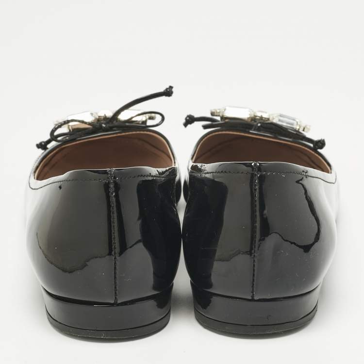 Pre Owned Miu Miu Black Crystal Embellish Patent Leather Ballet Flats Size 36.5