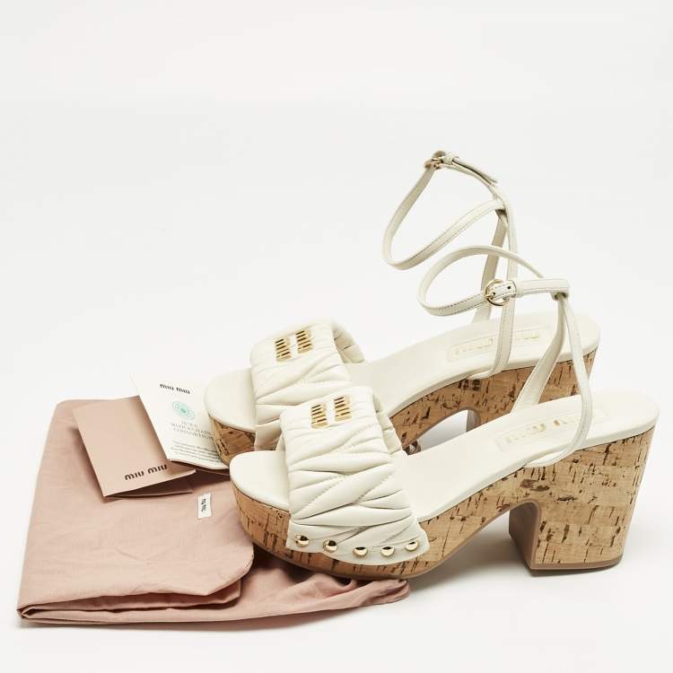 Pre Owned Miu  Miu  White Quilted Leather Ankle-Strap Platform Sandals Size 38