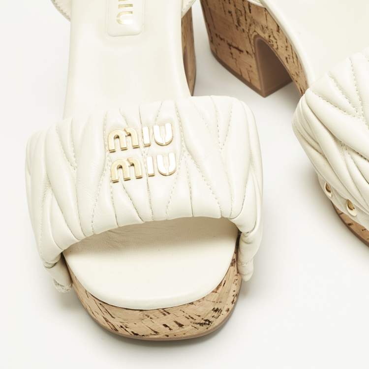 Pre Owned Miu  Miu  White Quilted Leather Ankle-Strap Platform Sandals Size 38