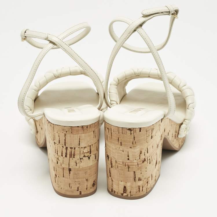 Pre Owned Miu  Miu  White Quilted Leather Ankle-Strap Platform Sandals Size 38