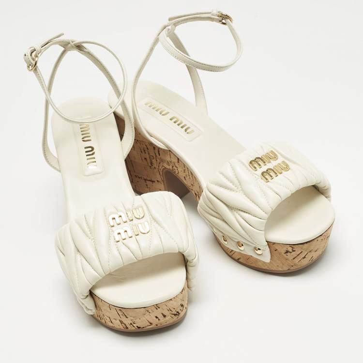Pre Owned Miu  Miu  White Quilted Leather Ankle-Strap Platform Sandals Size 38