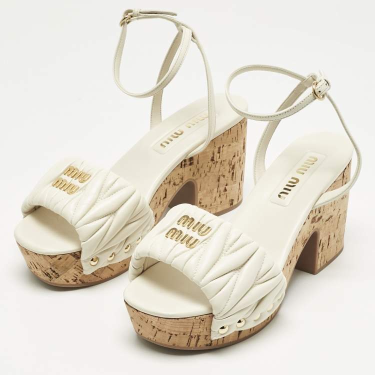 Pre Owned Miu  Miu  White Quilted Leather Ankle-Strap Platform Sandals Size 38