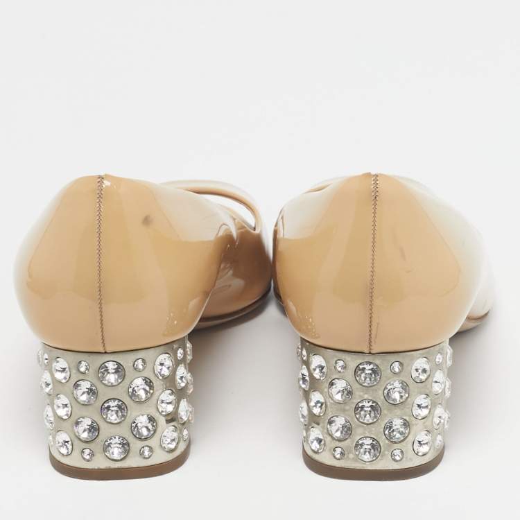 Pre Owned Miu Miu Beige Patent Leather Crystal Embellish Block Heel Pumps Size 38