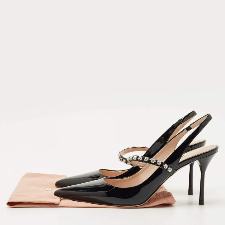 Pre Owned Miu Miu Black Patent Leather Decollete Crystal Embellished Slingback Pumps Size 38