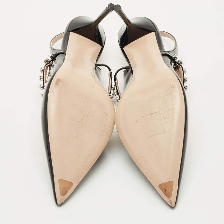 Pre Owned Miu Miu Black Patent Leather Decollete Crystal Embellished Slingback Pumps Size 38