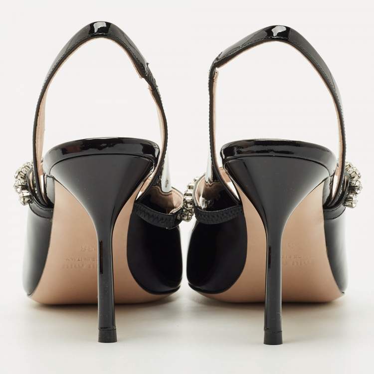 Pre Owned Miu Miu Black Patent Leather Decollete Crystal Embellished Slingback Pumps Size 38