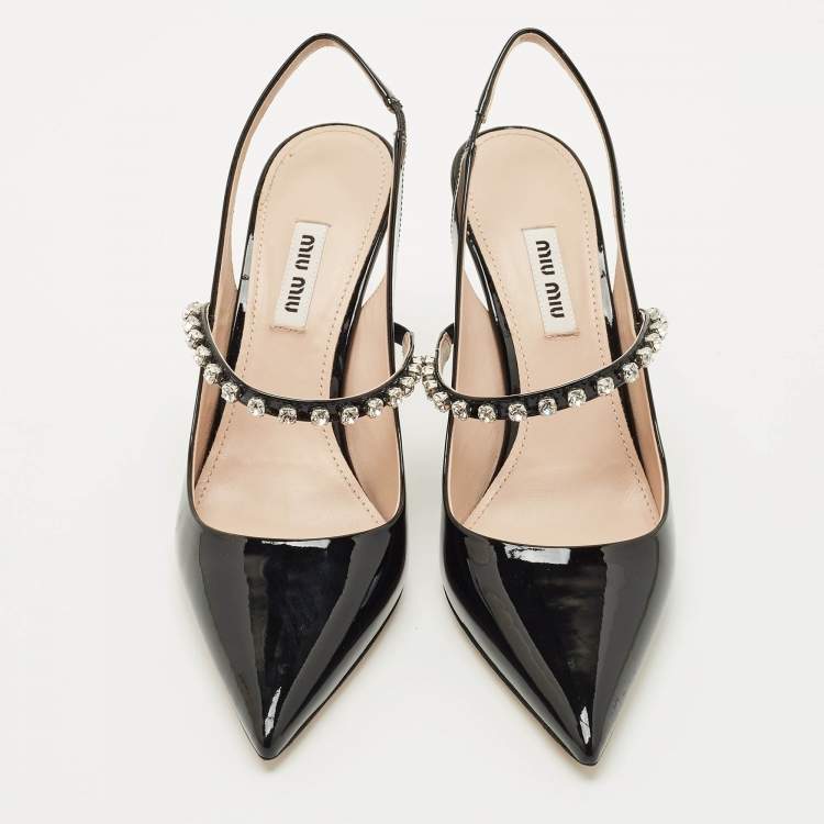 Pre Owned Miu Miu Black Patent Leather Decollete Crystal Embellished Slingback Pumps Size 38